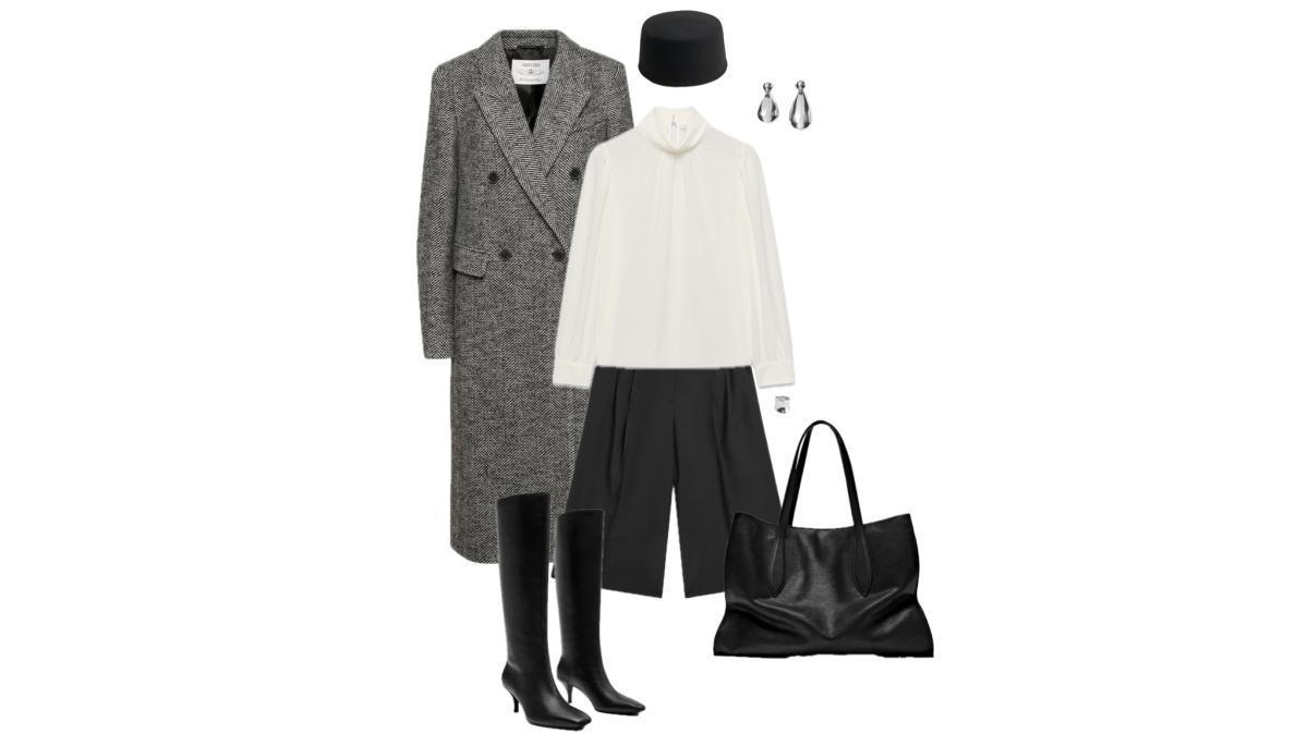 Outfit with a grey herringbone coat and a white high-neck blouse