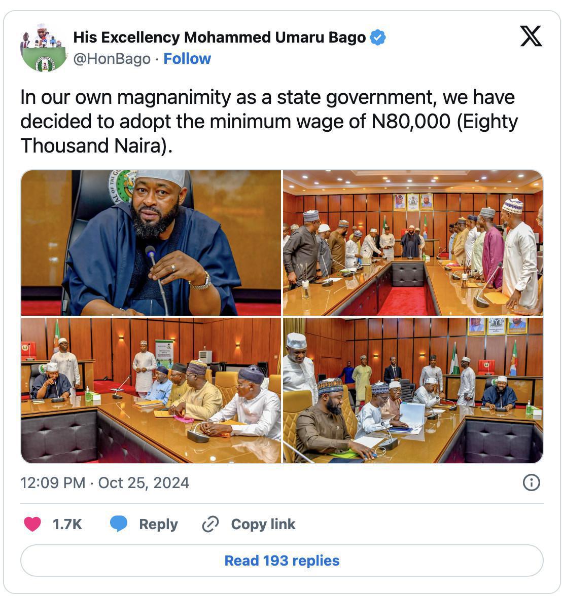 Niger State Approves ₦80,000 Minimum Wage for Civil Servants Starting November