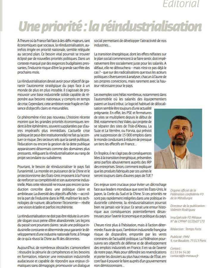 La réindustrialisation : une priorité pour FO Métaux