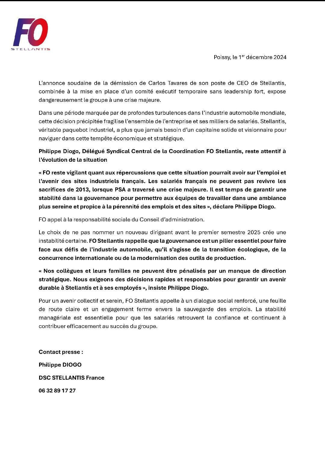 COMMUNIQUÉ DE PRESSE 02 DEC 2024 ...démission de Carlos TAVARES 