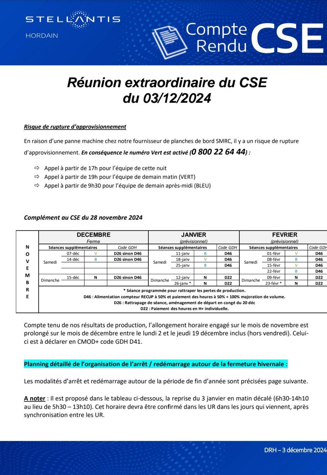 CSE EXTRA du 3 décembre 2024 sur le calendrier de travail et l’organisation de l’arrêt et du redémarrage des congés de fin d’année.