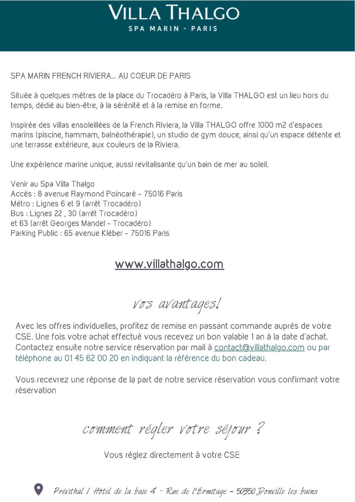CSE: Offre exceptionnelle SPA à la villa Thalgo (Paris)