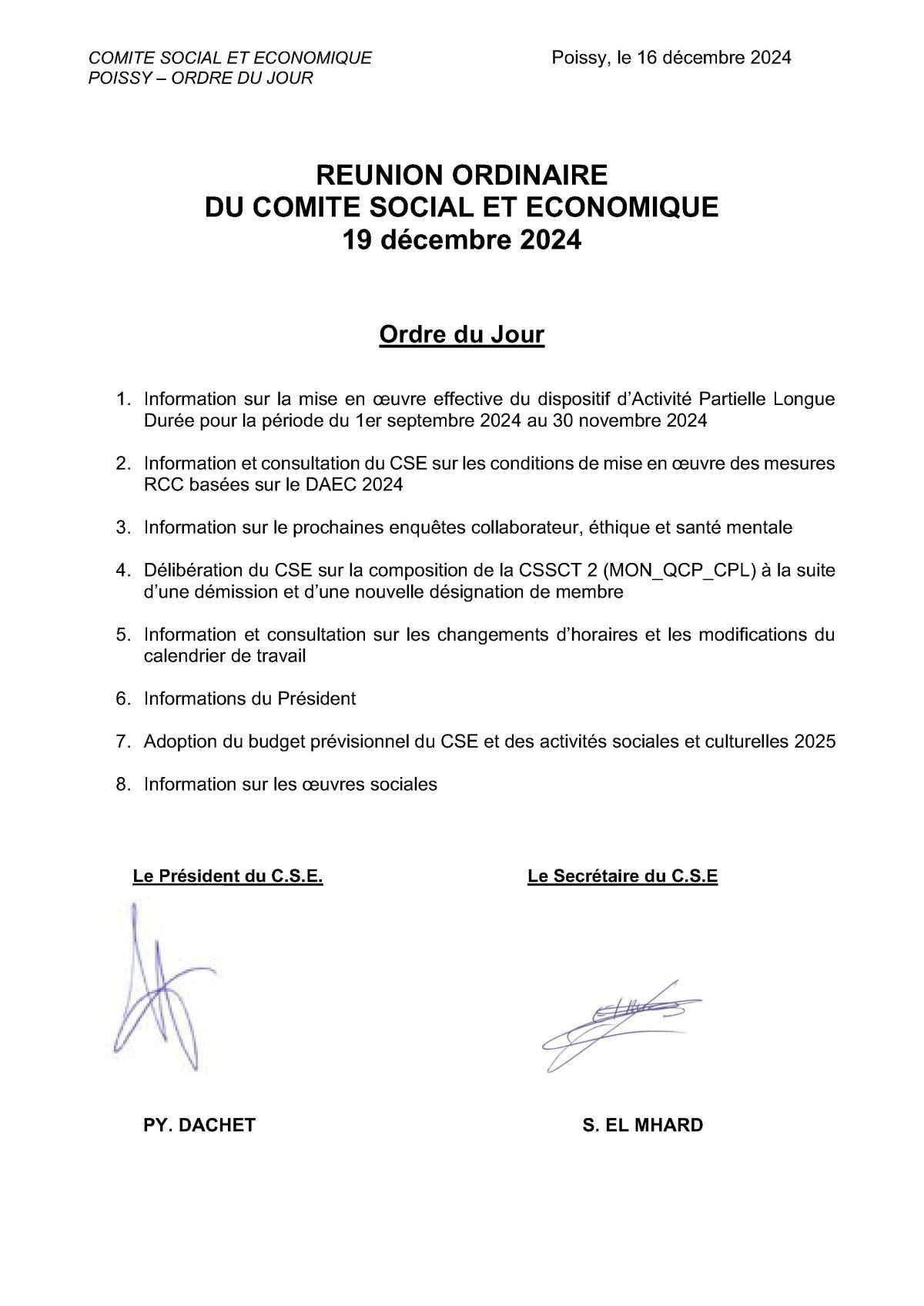 Convocation CSE Ordinaire le jeudi 19 décembre 2024