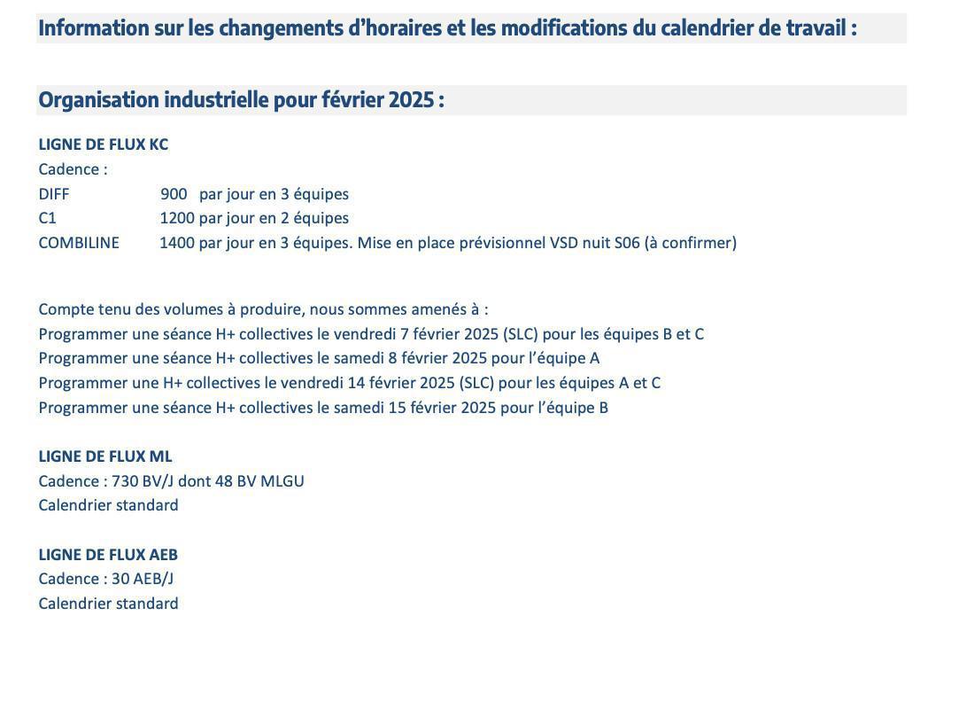 Calendrier de travail Février 2025