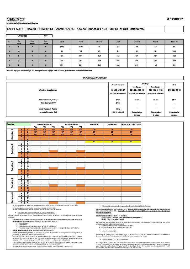 calendrier de travail JANVIER 2025