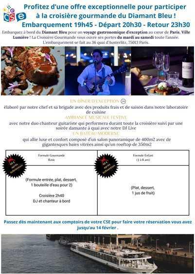 CSE: Offre Soirée/Repas en bateau mouche à Paris
