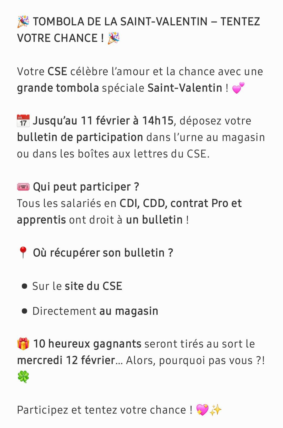 ❤️💕TOMBOLA de la Saint Valentin au CSE ❤️💕