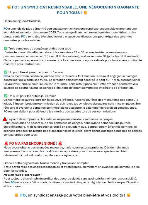 Avancée sur les Négociation "ACCORD TEMPS DE TRAVAIL 2025"