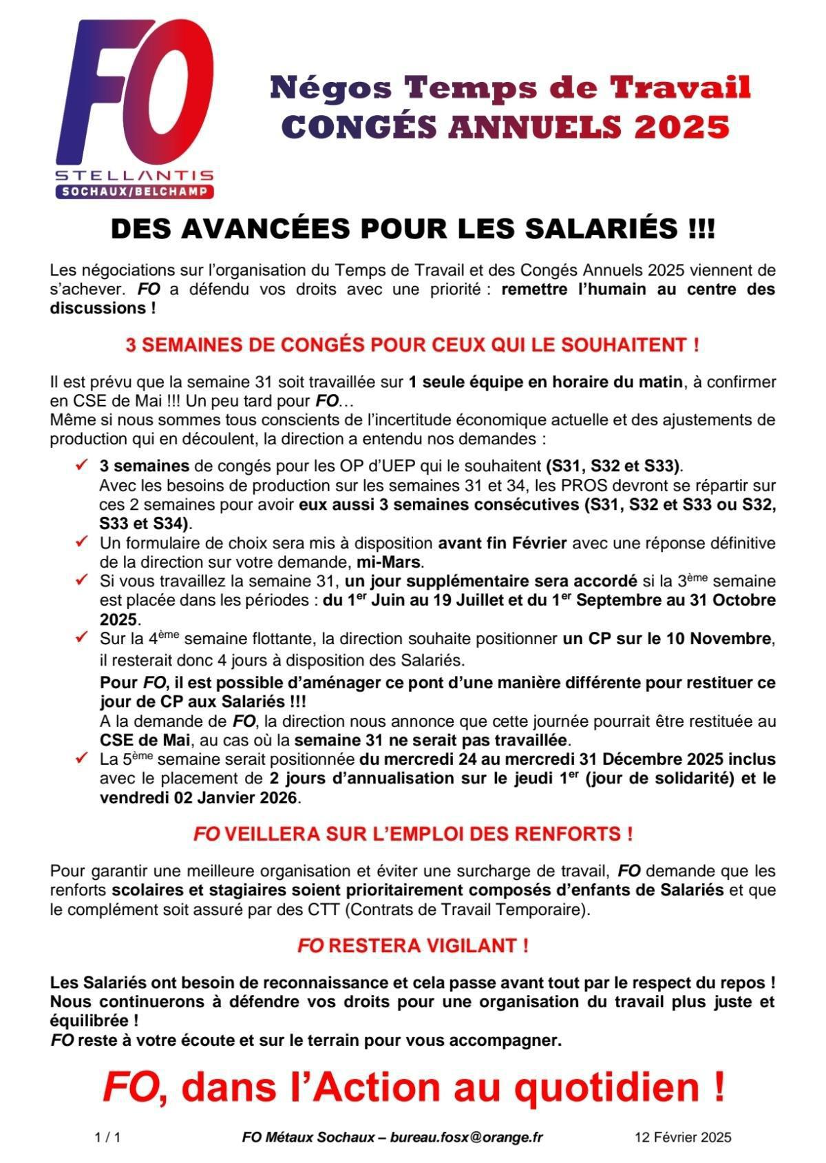 Négos Temps de travail et CONGÉS ANNUELS 2025