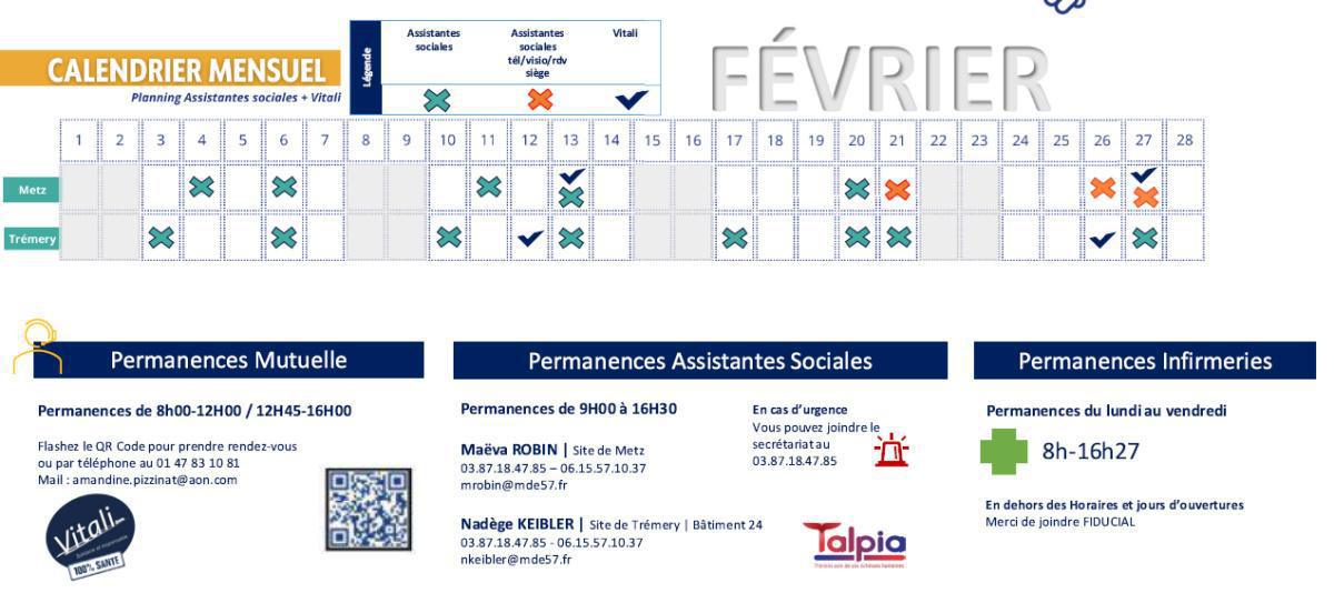 Calendrier des assistantes sociales et VITALI de février