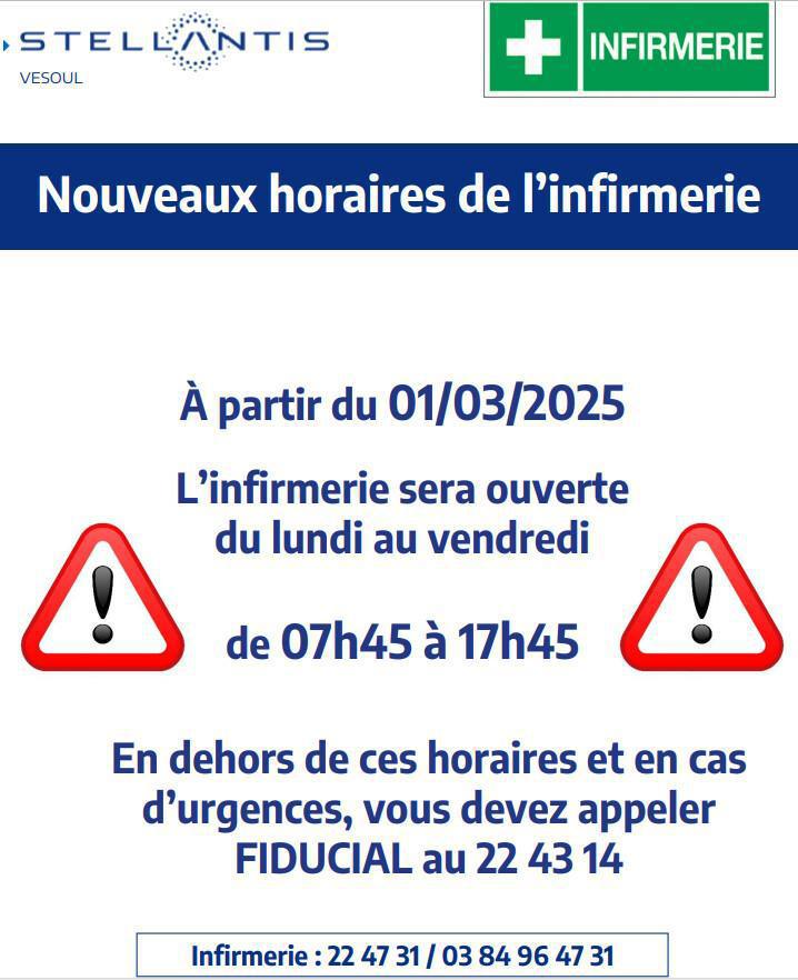 Nouveaux horaires de l'infirmerie