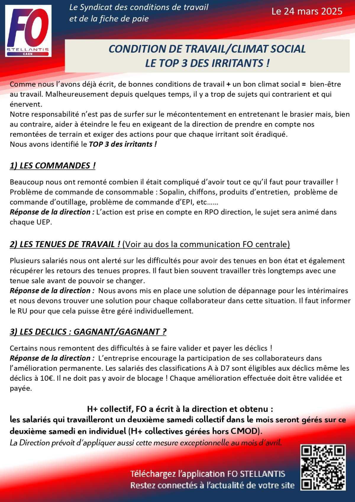 CA conditions de travail et tenues de travail 