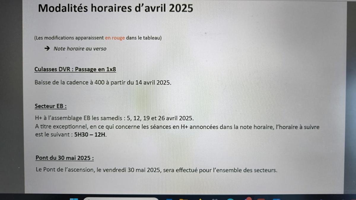 Modalités d'horaires Avril 2025