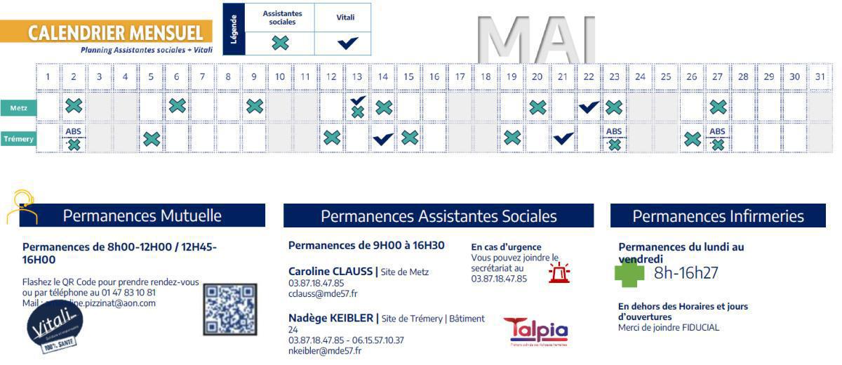 Calendrier des assistantes sociales et VITALI de mai