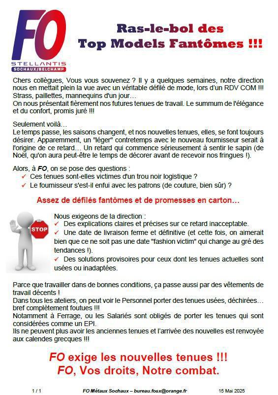 Tenues de travail ! FO est intervenu ce jour . Nous demandons un vrai planning !