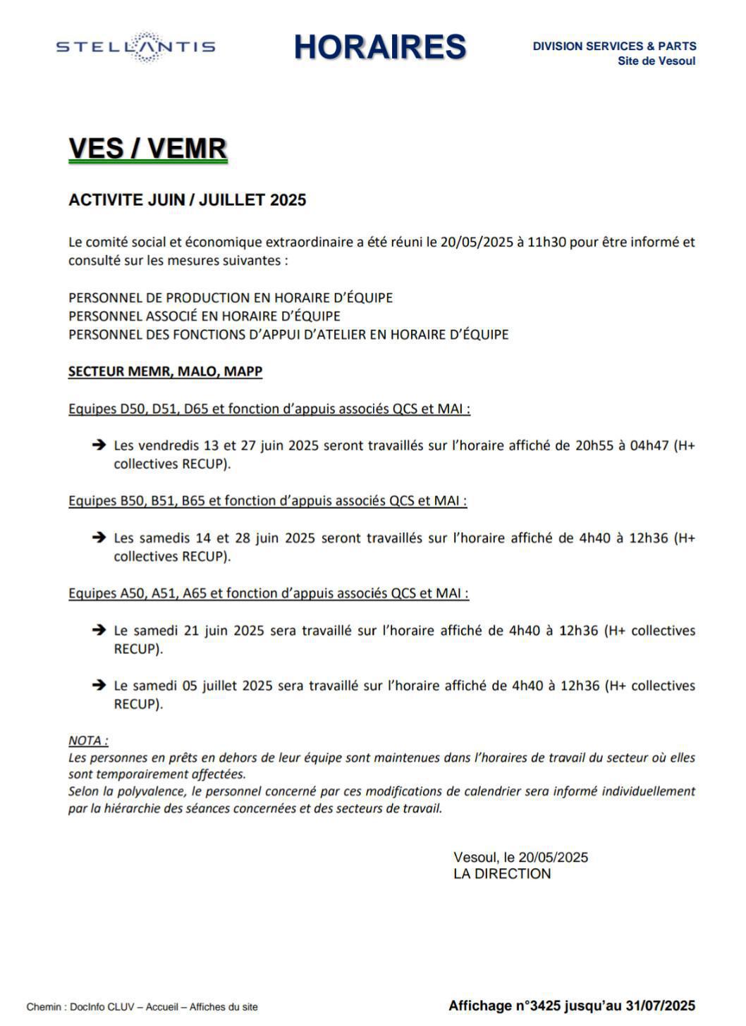 Affiche Horaires PIEC