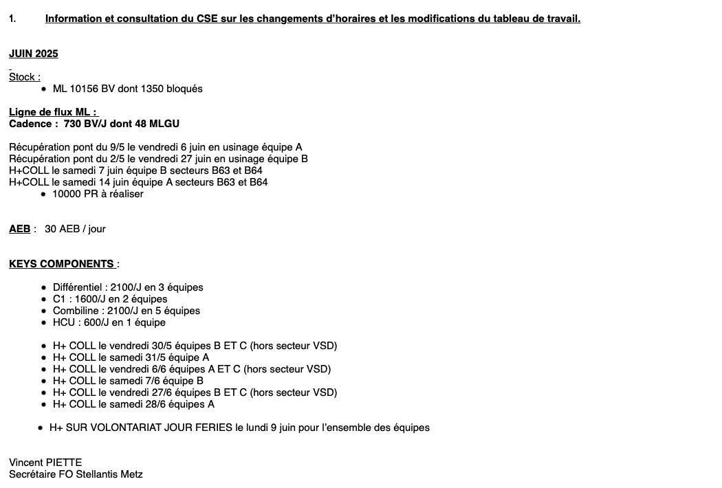 Calendrier de travail de Juin