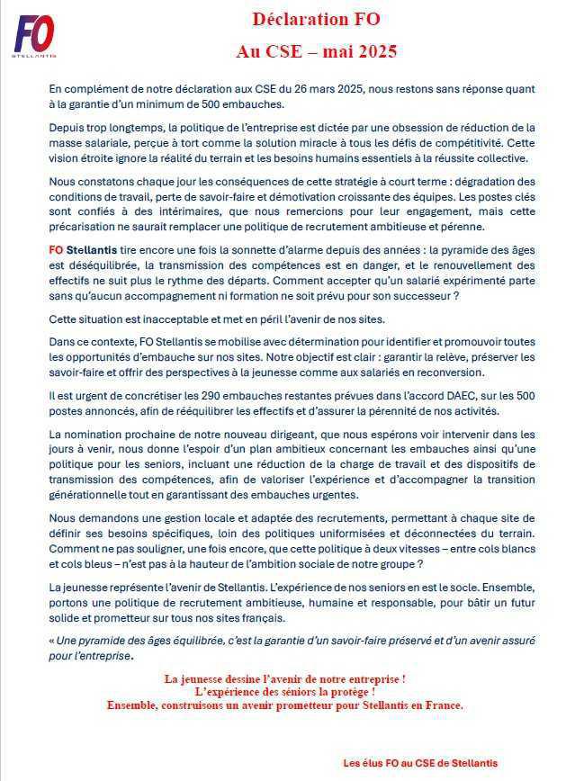 MU: FO STELLANTIS DEMANDE DES EMBAUCHES