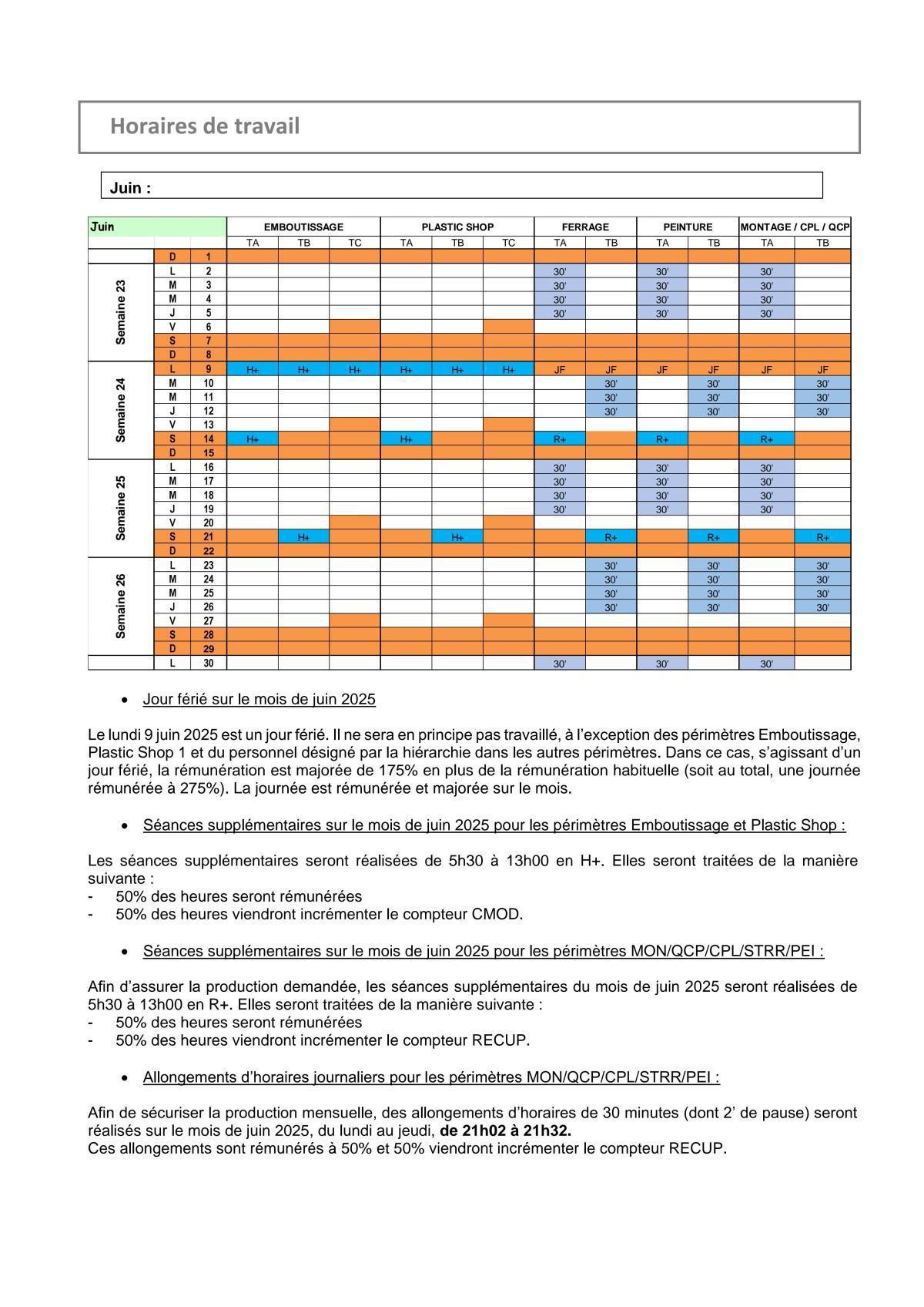Calendrier de travail juin