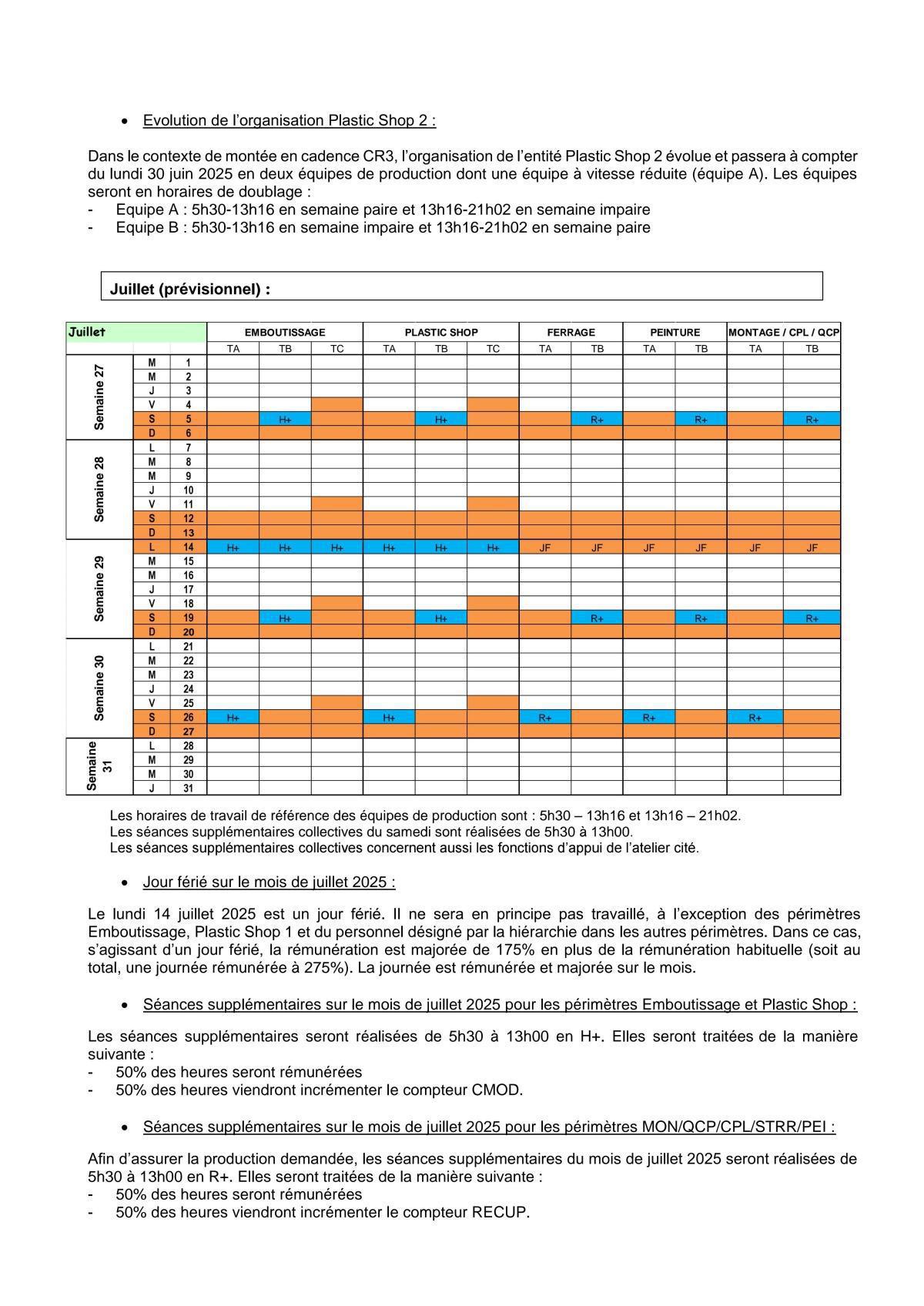 Calendrier de travail juin