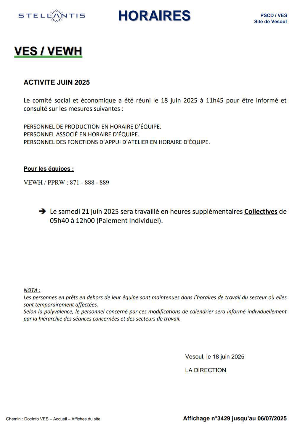 Horaire affiché - magasin 