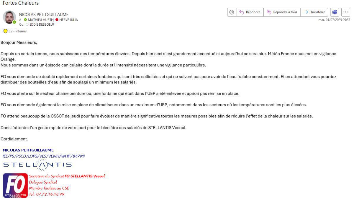 Mail envoyé à la direction concernant la chaleur