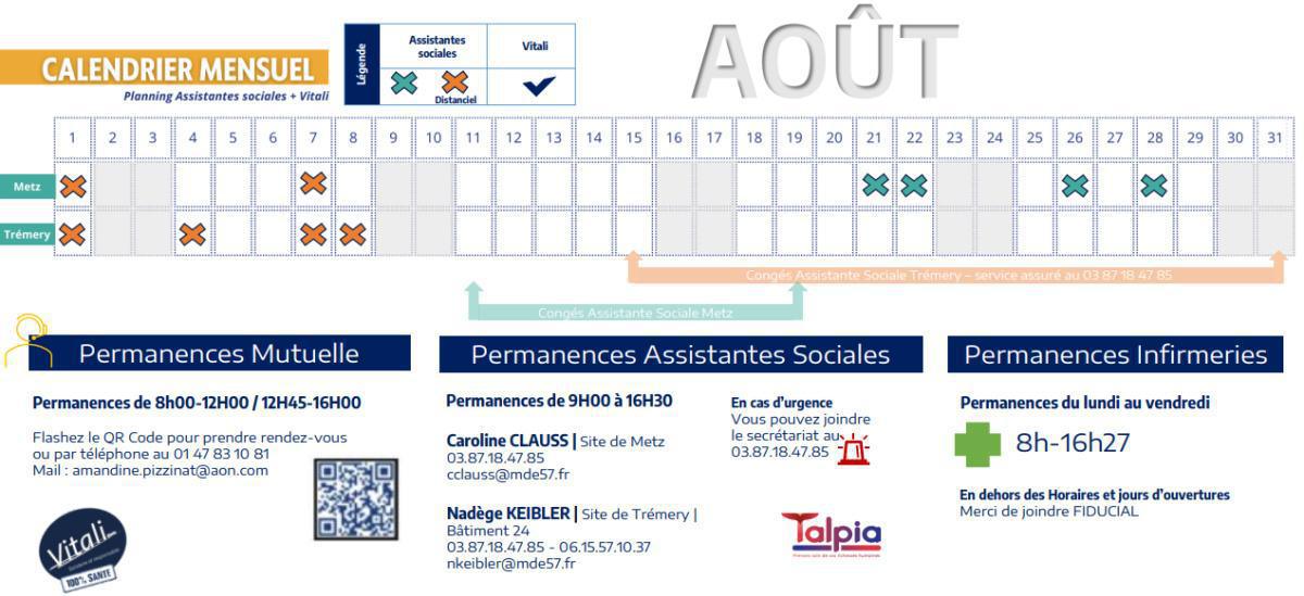 Calendrier des assistantes sociales et VITALI d'août