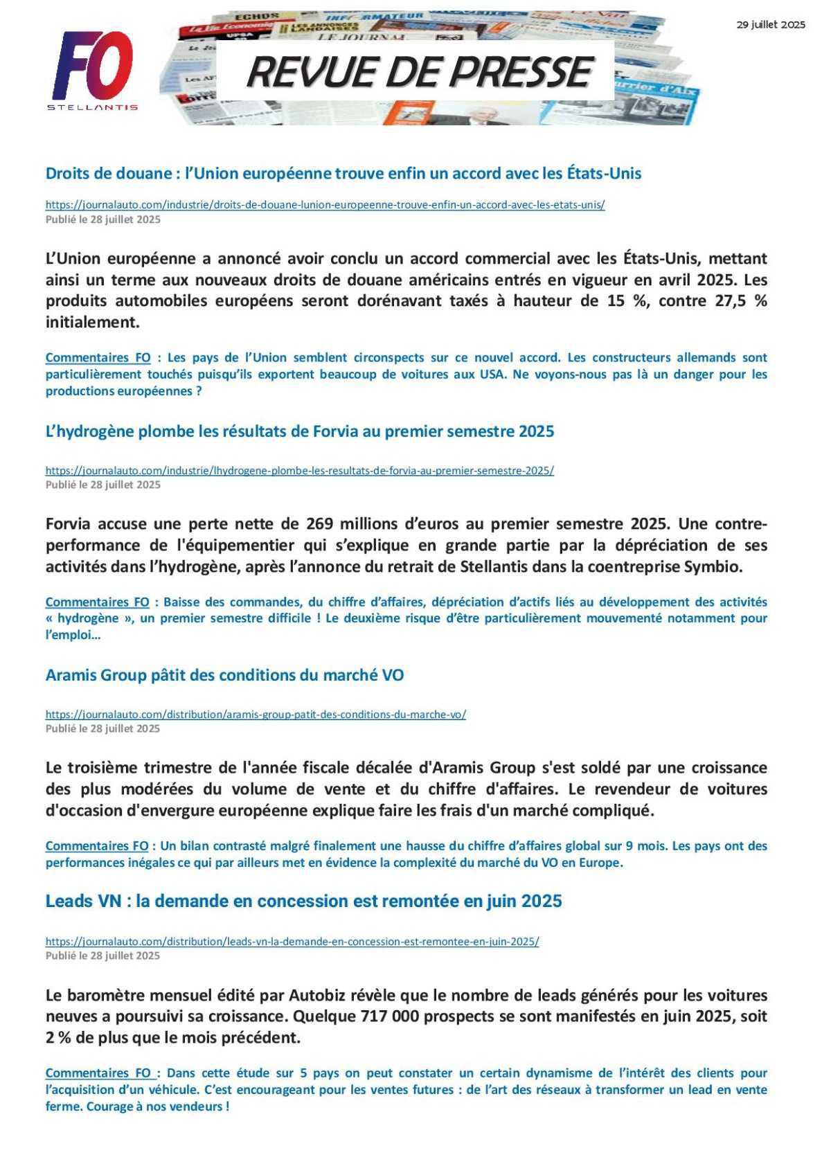 Revue de presse du 29 Juillet.