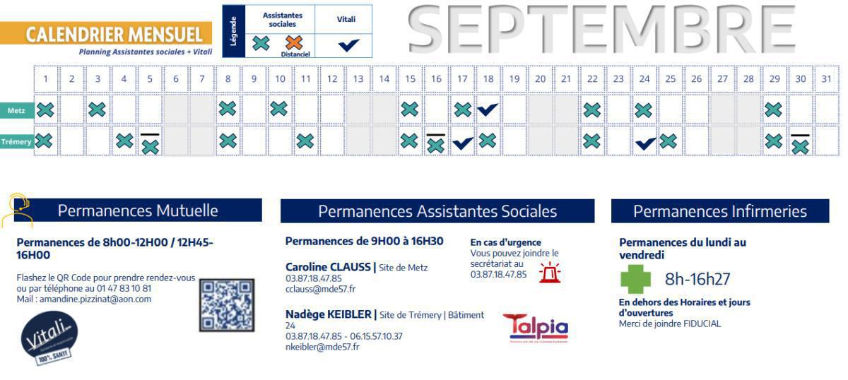 Calendrier des assistantes sociales et VITALI de septembre