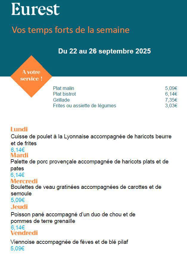 Menu du self pour la semaine du 22 au 26 SEPTEMBRE 2025 