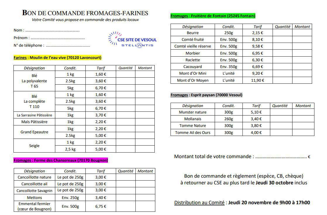 COMMANDES FROMAGES, FARINES