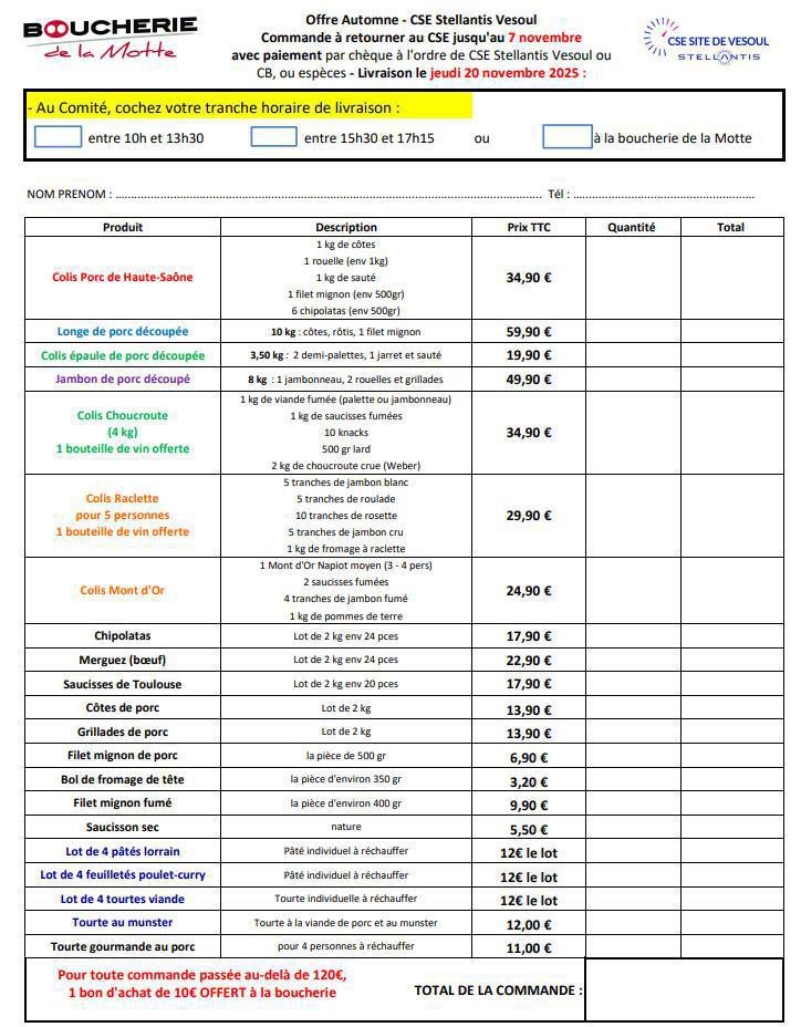 COMMANDES DE VIANDES et COLIS automne