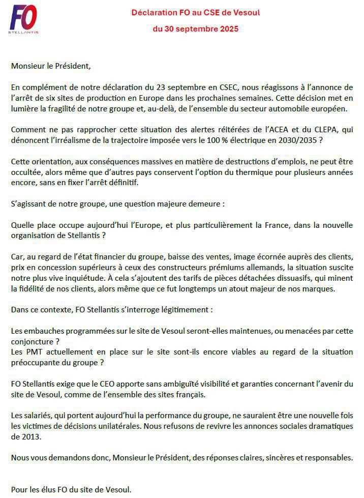 Déclaration au CSE du 30 Septembre 2025 Déclaration au CSE du 30 Septembre 2025