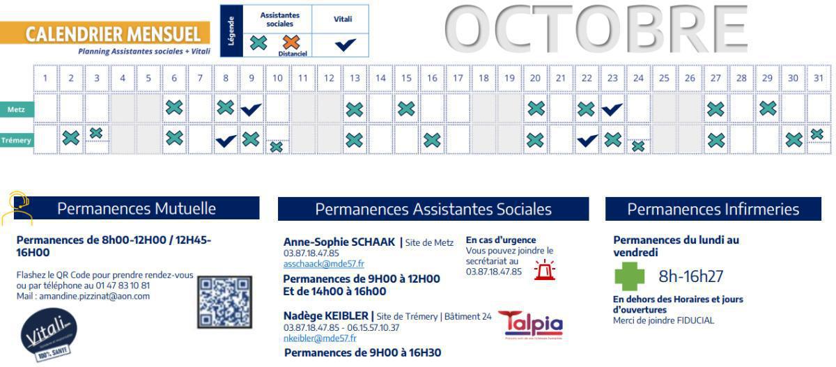 Calendrier des assistantes sociales et VITALI de octobre