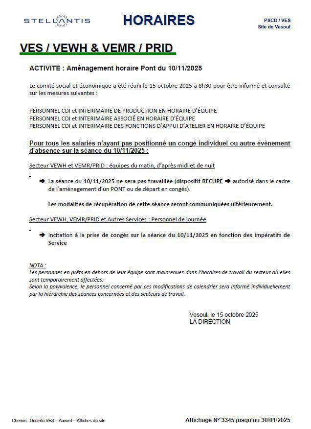 Pont du 10 Novembre côté magasin et PRID / Victoire de FO pour l'équipe de nuit ferrage suite au SD de PIEC