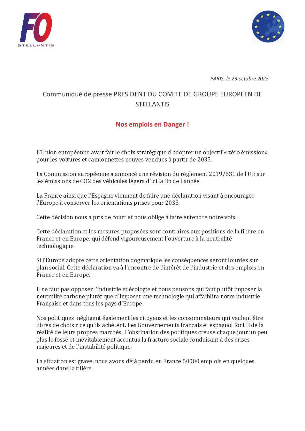 Communiqué de presse Président du comité groupe Européen !
