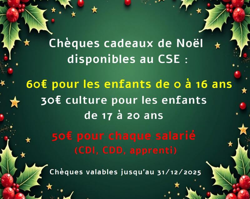 Chèques cadeaux disponible au CSE