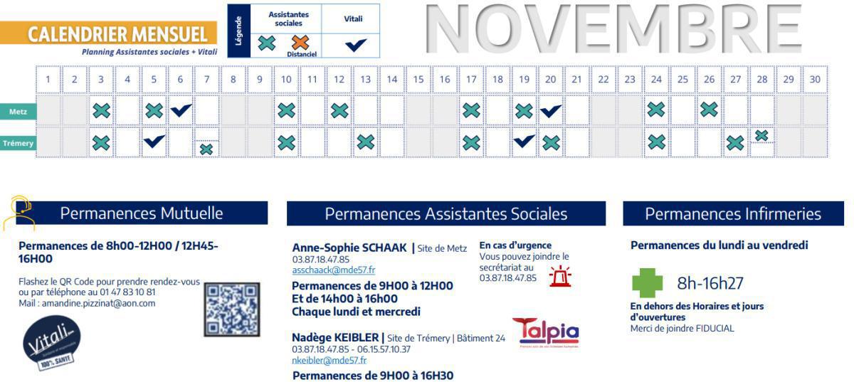 Calendrier des assistantes sociales et VITALI de novembre