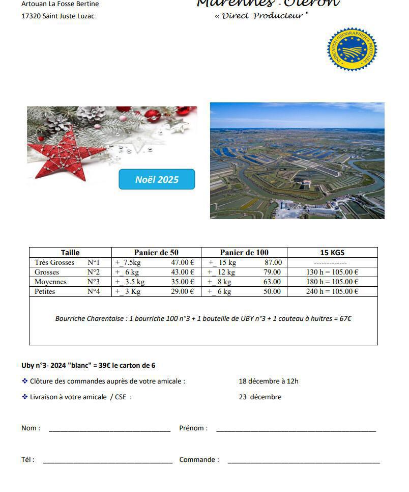 Commande Huitres pour Noël au comptoir CSE