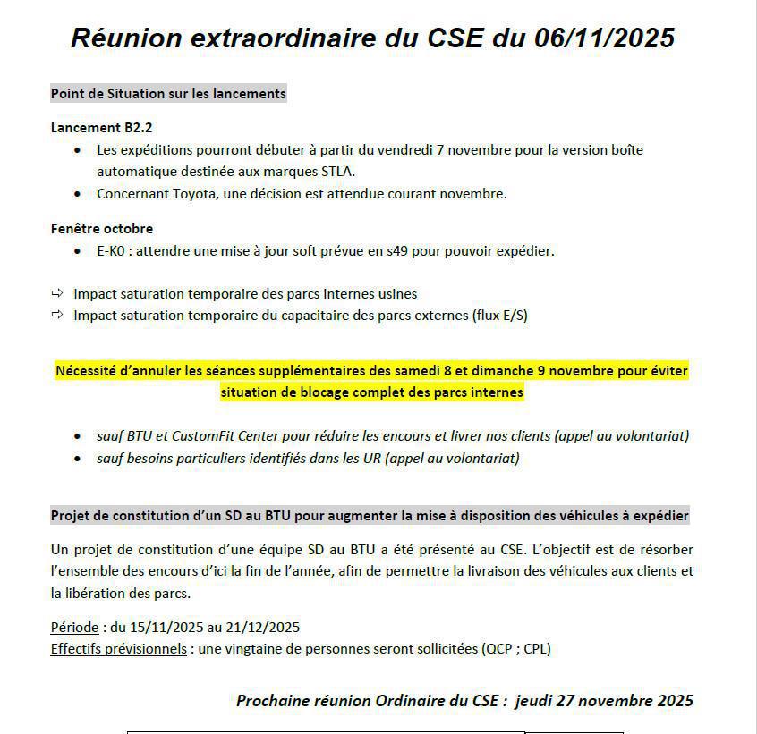 Compte-rendu du CSE extra du 06/11/2025