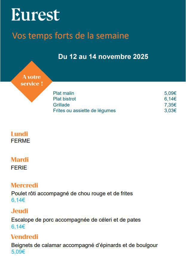 Menu du self pour la semaine du 12 au 14 Novembre 2025 