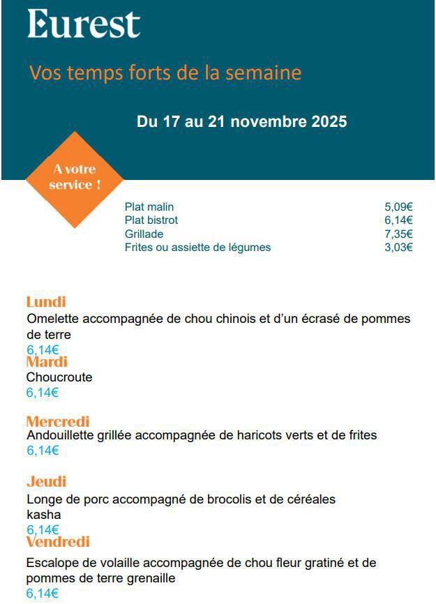 Menu du self pour la semaine du 17 au 21 Novembre 2025 