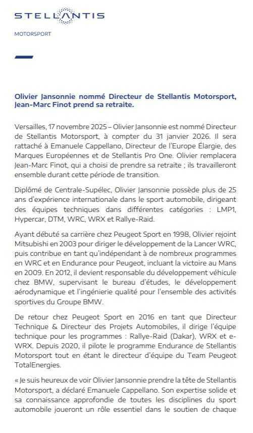 Olivier Jansonnie nommé directeur de Stellantis Motorsport , Jean Marc Finot prend sa retraite.