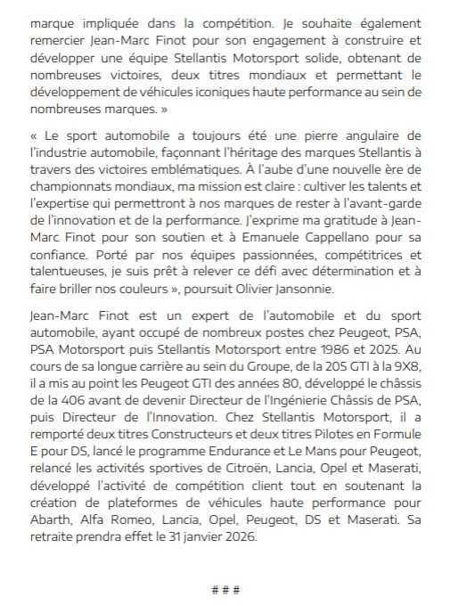 Olivier Jansonnie nommé directeur de Stellantis Motorsport , Jean Marc Finot prend sa retraite.