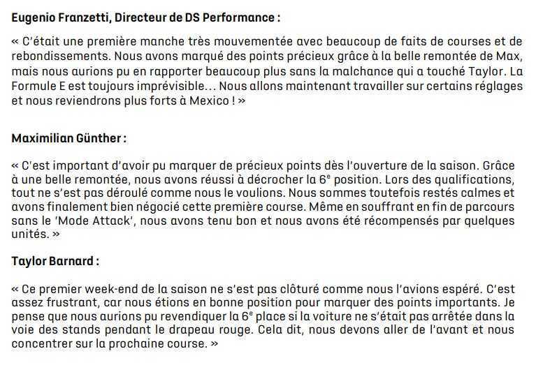E-PRIX DE SÃO PAULO : PREMIERS POINTS ENGRANGÉS POUR DS AUTOMOBILES