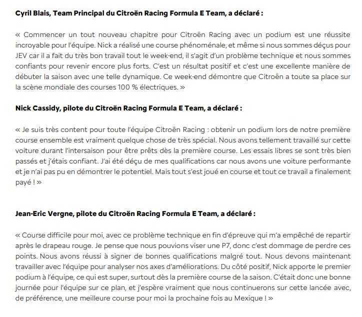 L’ÉQUIPE CITROËN RACING FORMULA E CÉLÈBRE UN PODIUM POUR SES DÉBUTS EN FORMULA E
