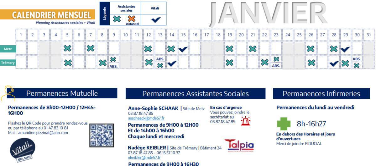Calendrier des assistantes sociales et VITALI de janvier