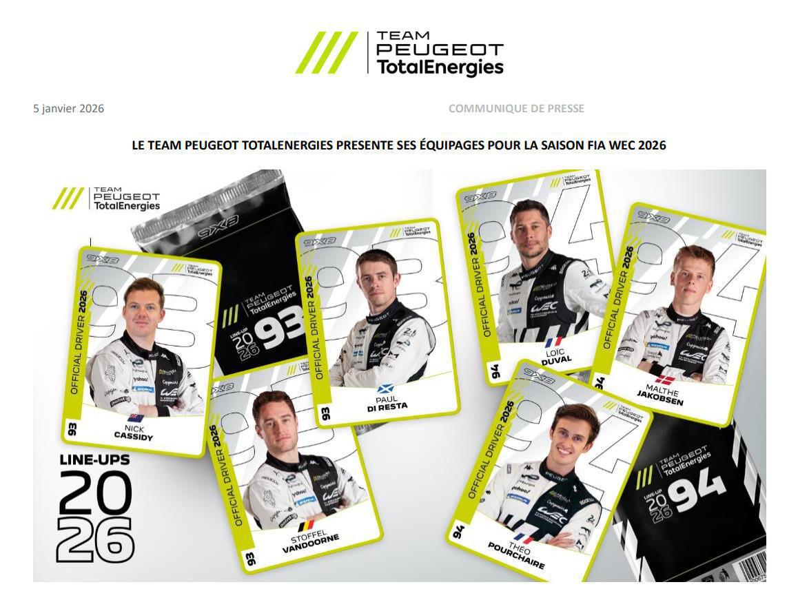 LE TEAM PEUGEOT TOTALENERGIES PRESENTE SES ÉQUIPAGES POUR LA SAISON FIA WEC 2026 LE TEAM PEUGEOT TOTALENERGIES PRESENTE SES ÉQUIPAGES POUR LA SAISON FIA WEC 2026