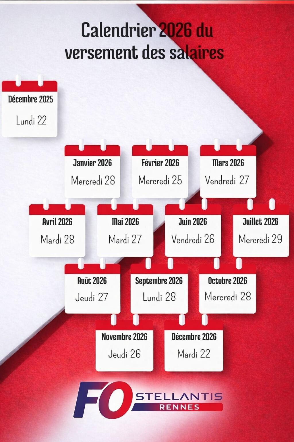 Calendrier 2026 du versement des salaires