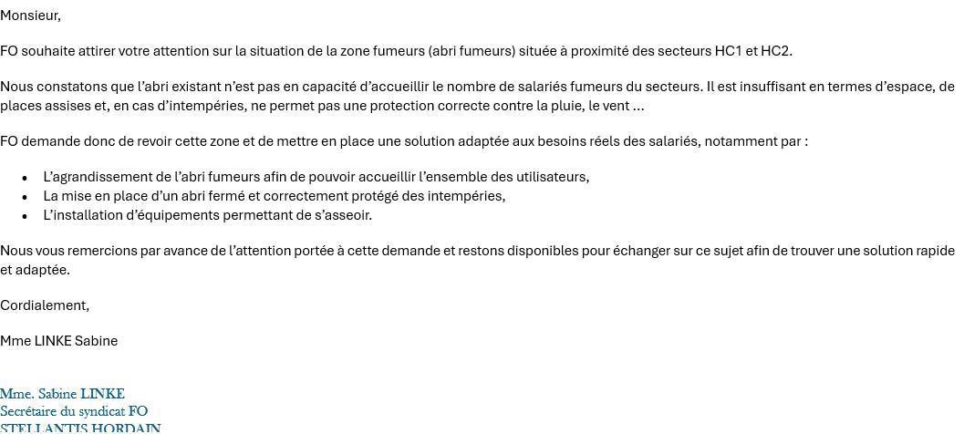 FO demande d'agrandir la Zone fumeur HC1 FO demande d'agrandir la Zone fumeur HC1